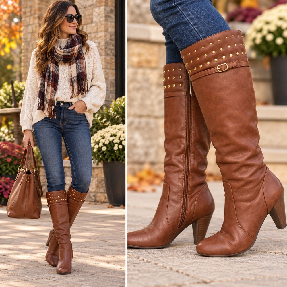 Bella Vita Brown Studded Knee High Boots Women 8M 3" Heel Boho Riding